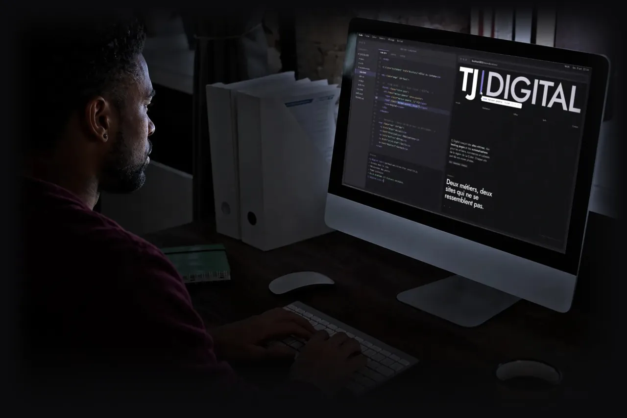 Le fondateur de TJ Digital au travail, de nuit, devant le site TJ Digital affiché sur son écran.